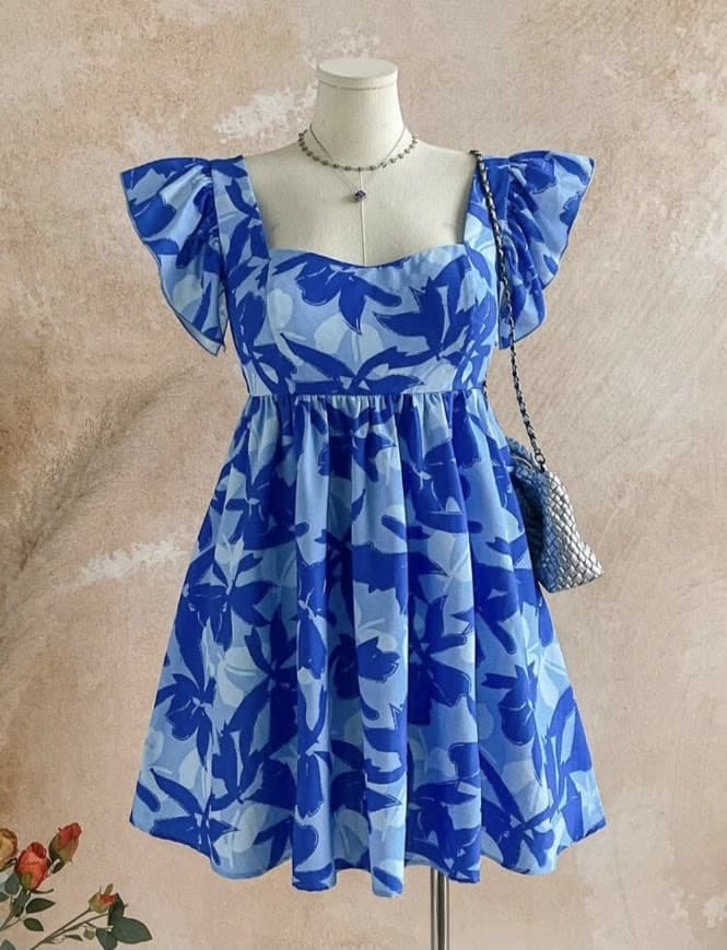 Blue Tropical Print Dress