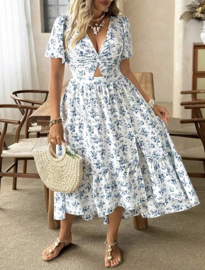Blue and White Floral Cut out Maxi Dress